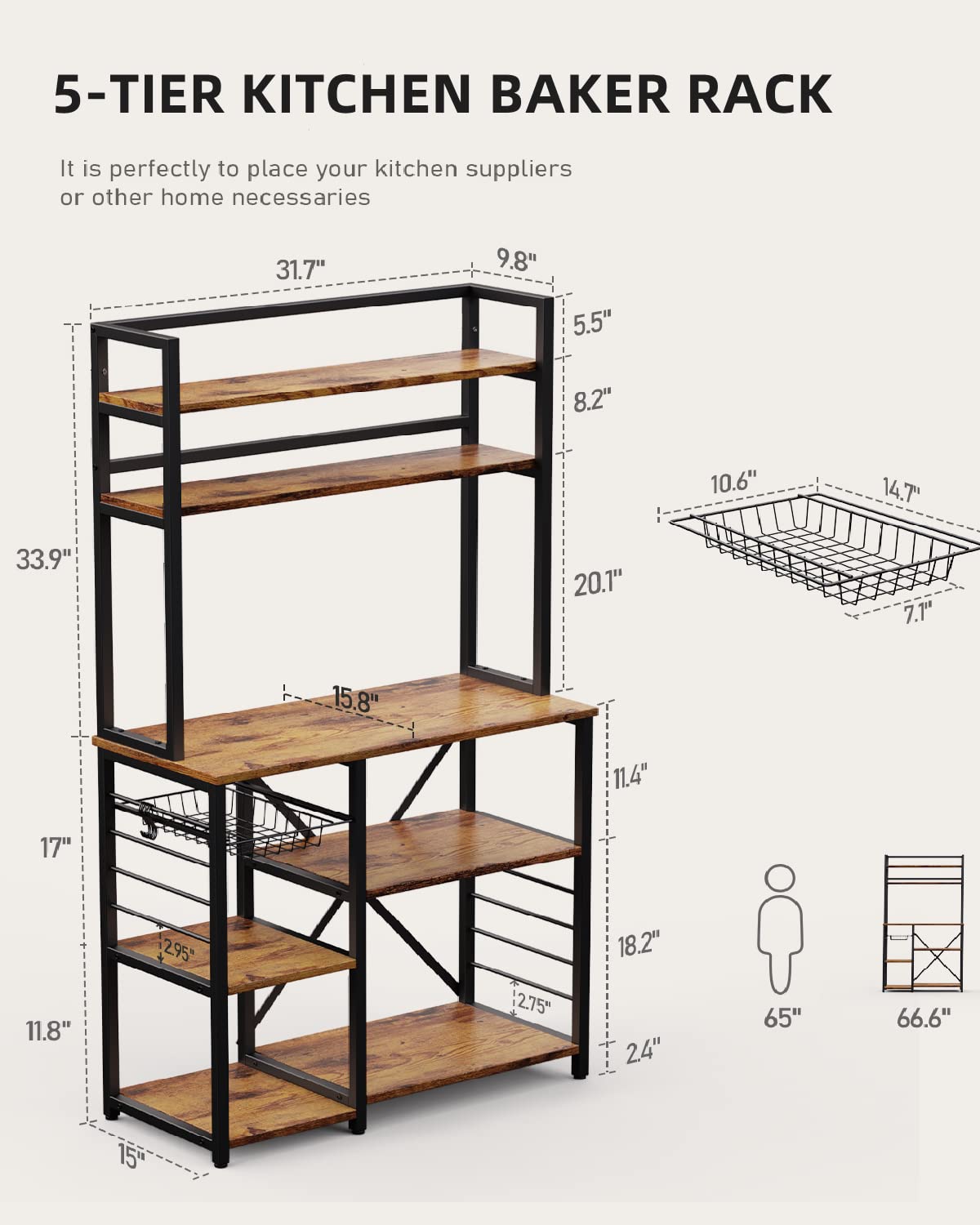 Gizoon Home Kitchen Baker's Rack with Spacious Storage, 5 Tier Versatile Microwave Stand Shelf with Basket & Side Hooks,Free Standing, Sturdy, Durable-Retro