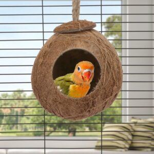 Hypeety Natural Coconut Shell Bird Nest House Hut for Pet Parrot Canary Finch Pigeon Cage Hamster Rat Gerbil Mice Cage Seed Feeder Toy