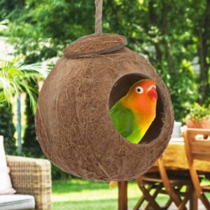 Hypeety Natural Coconut Shell Bird Nest House Hut for Pet Parrot Canary Finch Pigeon Cage Hamster Rat Gerbil Mice Cage Seed Feeder Toy