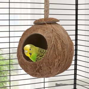 Hypeety Natural Coconut Shell Bird Nest House Hut for Pet Parrot Canary Finch Pigeon Cage Hamster Rat Gerbil Mice Cage Seed Feeder Toy