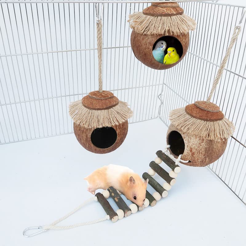 Joayuezo Gecko Coconut Husk Hut Bird Cage Hamster Cage Hanging Natural Coco Shell Hut Hide Toy for Gecko, Reptiles, Amphibians and Small Animals (B)