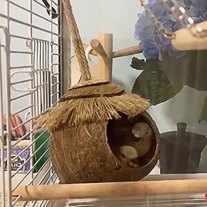 Tfwadmx Coconut Hide with Loop, Natural Coconut Fiber Hanging Birdhouse Cage, Coconut Bird Shell Breeding Nest for Parrot Parakeet Lovebird Finch Canary, Pet Cage Habitats Decor,Small Animals House