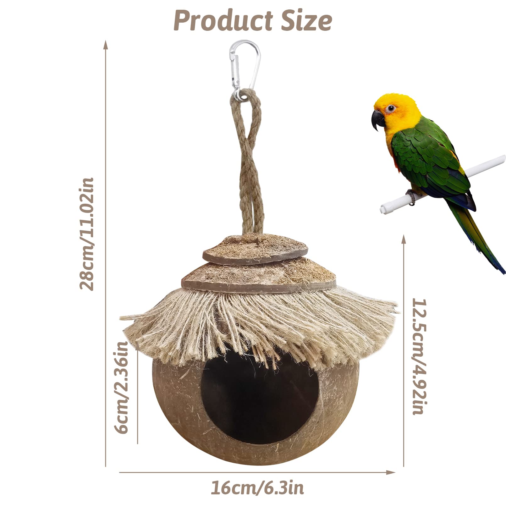 Tfwadmx Coconut Hide with Loop, Natural Coconut Fiber Hanging Birdhouse Cage, Coconut Bird Shell Breeding Nest for Parrot Parakeet Lovebird Finch Canary, Pet Cage Habitats Decor,Small Animals House