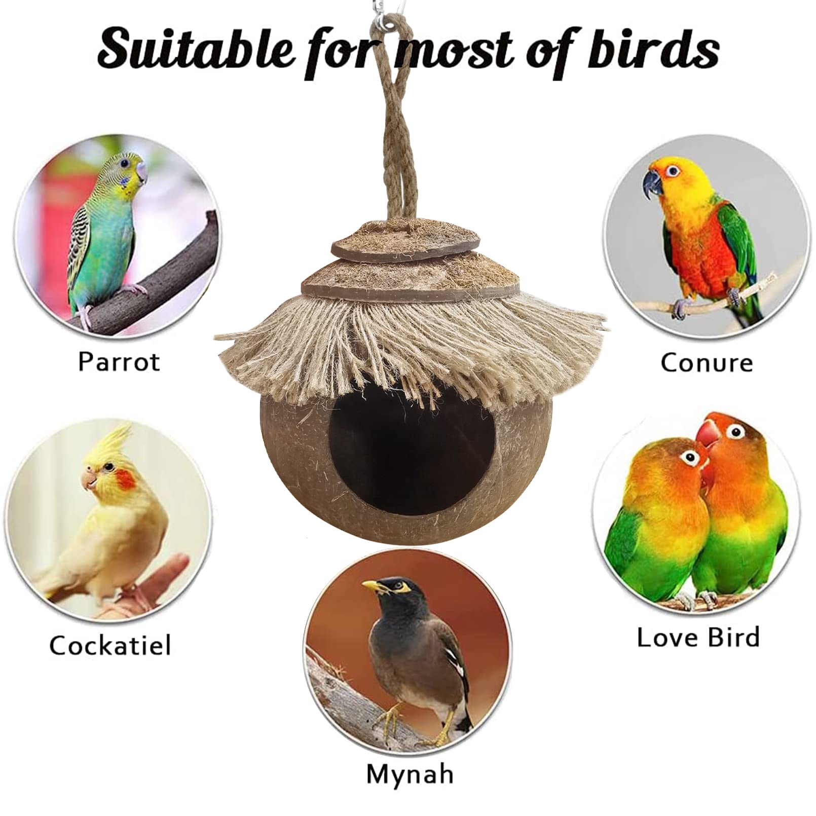 Tfwadmx Coconut Hide with Loop, Natural Coconut Fiber Hanging Birdhouse Cage, Coconut Bird Shell Breeding Nest for Parrot Parakeet Lovebird Finch Canary, Pet Cage Habitats Decor,Small Animals House