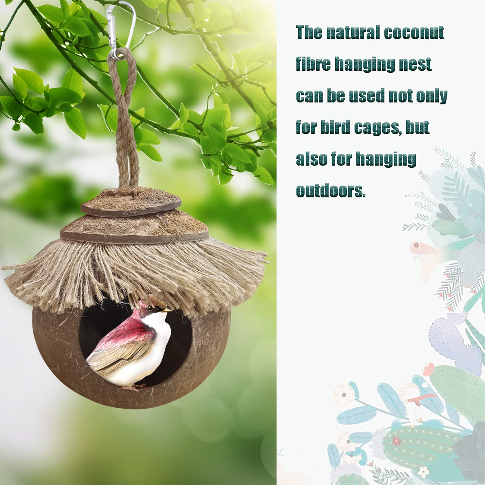 Tfwadmx Coconut Hide with Loop, Natural Coconut Fiber Hanging Birdhouse Cage, Coconut Bird Shell Breeding Nest for Parrot Parakeet Lovebird Finch Canary, Pet Cage Habitats Decor,Small Animals House