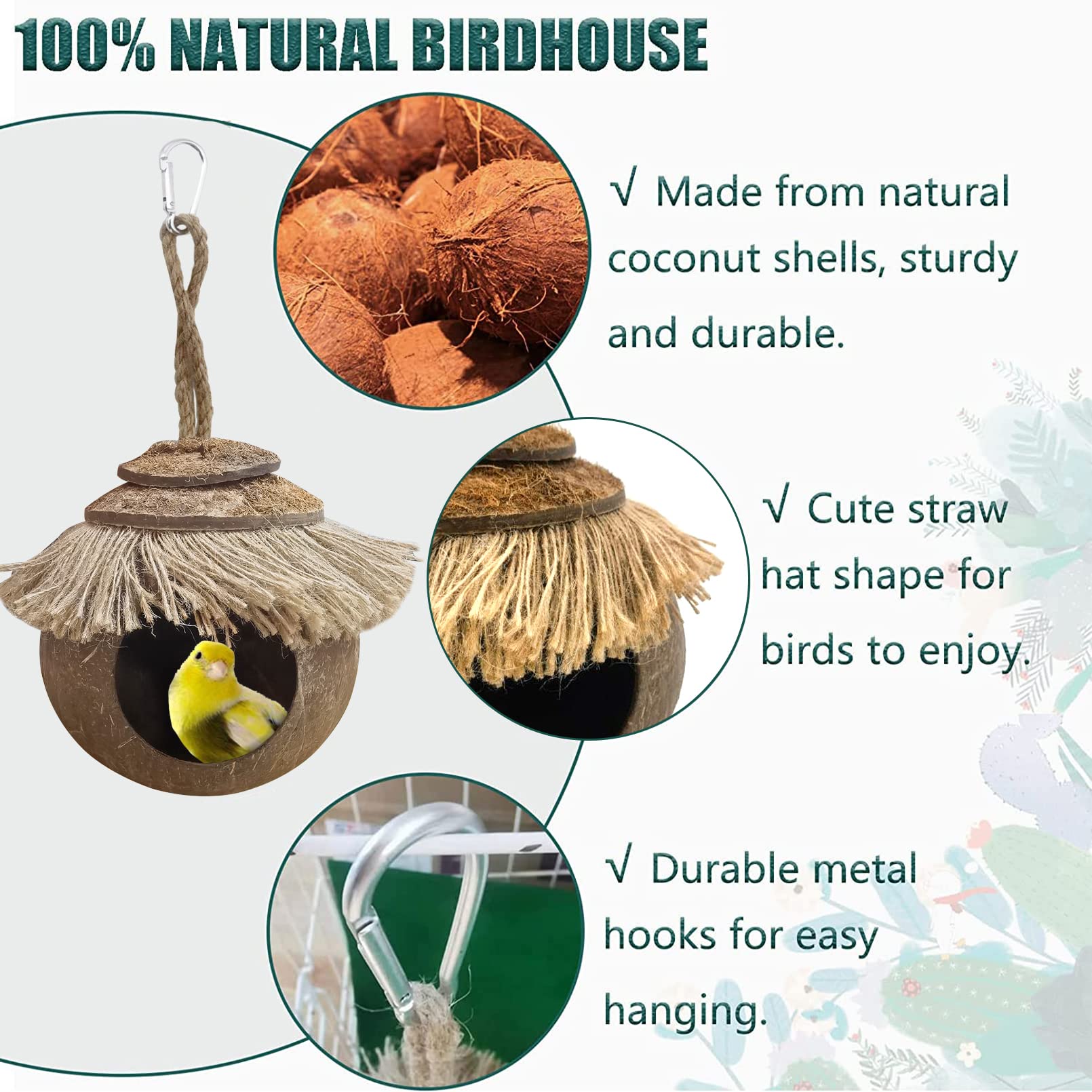 Tfwadmx Coconut Hide with Loop, Natural Coconut Fiber Hanging Birdhouse Cage, Coconut Bird Shell Breeding Nest for Parrot Parakeet Lovebird Finch Canary, Pet Cage Habitats Decor,Small Animals House