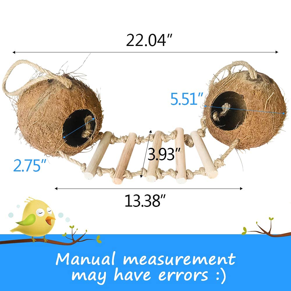 Bird Hides Coconut Nest with Wood Ladder,Syrian Hamster Cage Hanging Natural Coco Shell Hut Hide Toy with Wooden Bridge,Hollow Hideaway Toys for Small Animal Rat Lovebird Finches