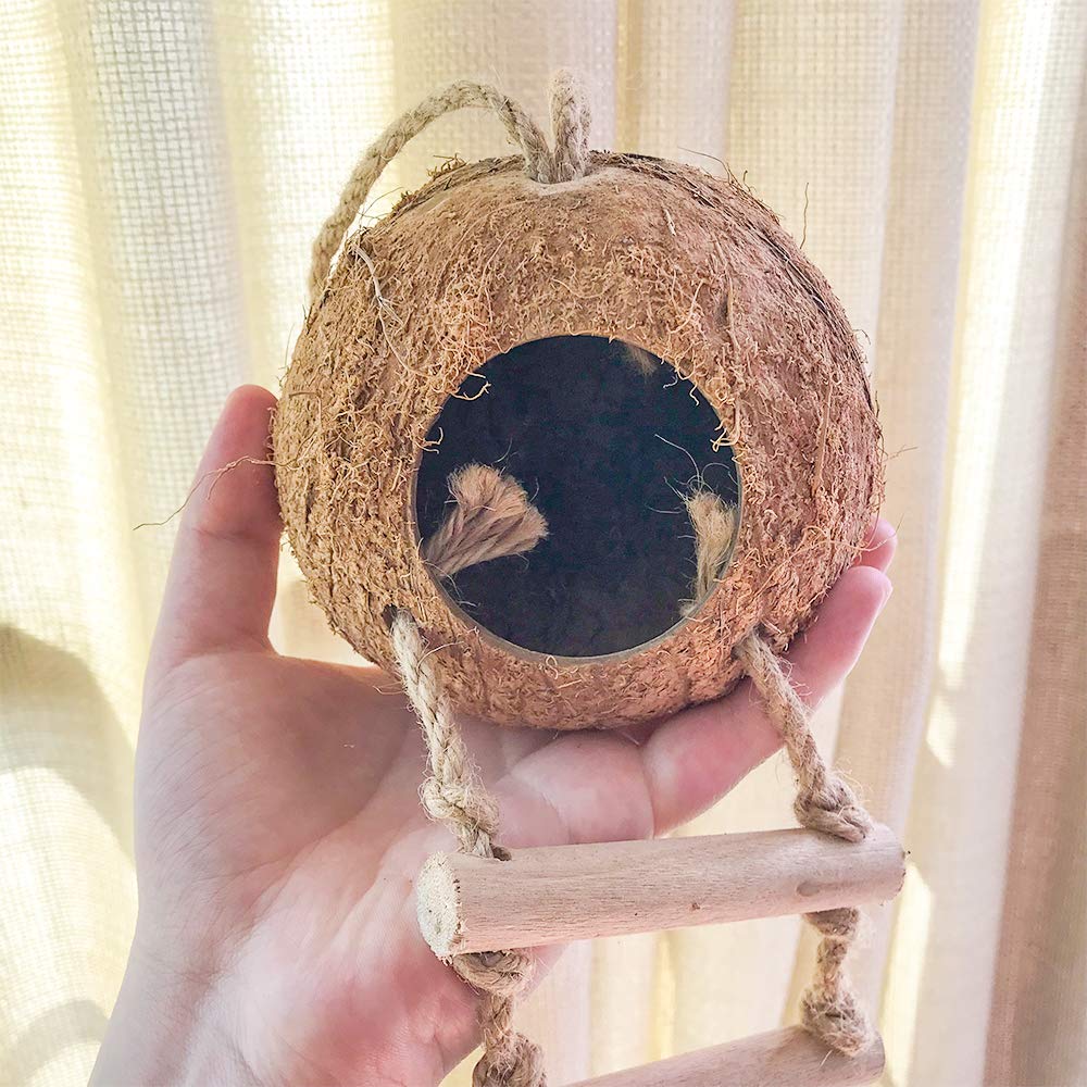 Bird Hides Coconut Nest with Wood Ladder,Syrian Hamster Cage Hanging Natural Coco Shell Hut Hide Toy with Wooden Bridge,Hollow Hideaway Toys for Small Animal Rat Lovebird Finches