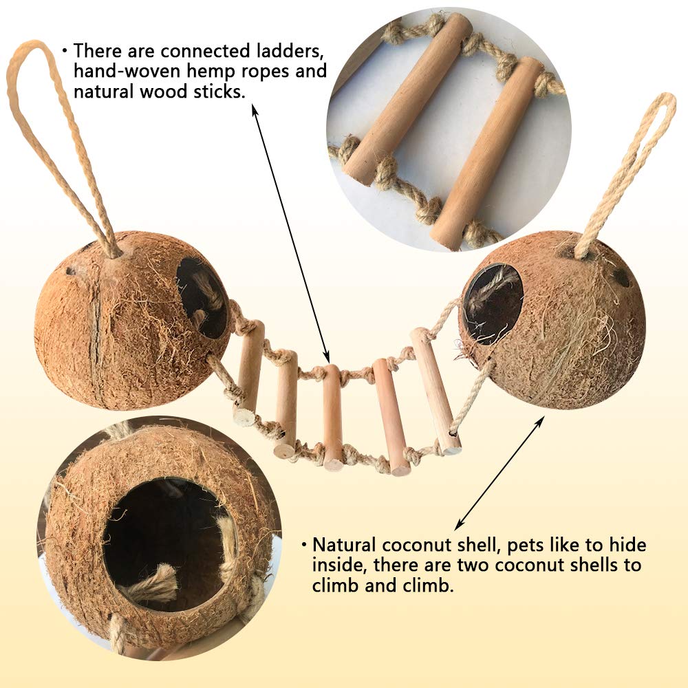 Bird Hides Coconut Nest with Wood Ladder,Syrian Hamster Cage Hanging Natural Coco Shell Hut Hide Toy with Wooden Bridge,Hollow Hideaway Toys for Small Animal Rat Lovebird Finches