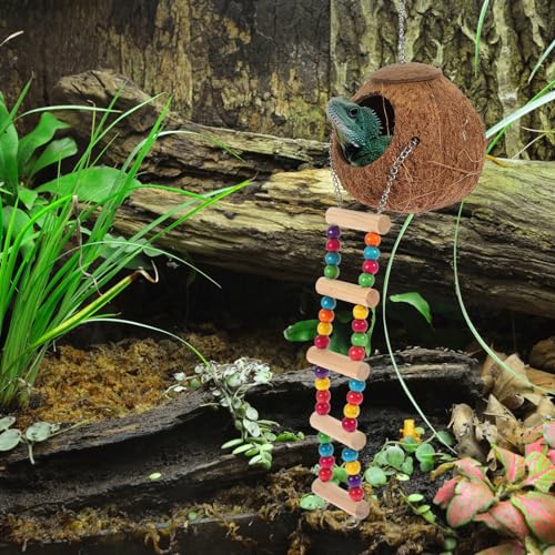 Ipetboom Toys Reptile Decor Terrarium Hideout House for Pet Hideout with Ladder Toy Bed for Pet Breeding Nest Hanging Hideout Nest with Ladder Sleeping Nest Coconut Wooden Parrot Supplies