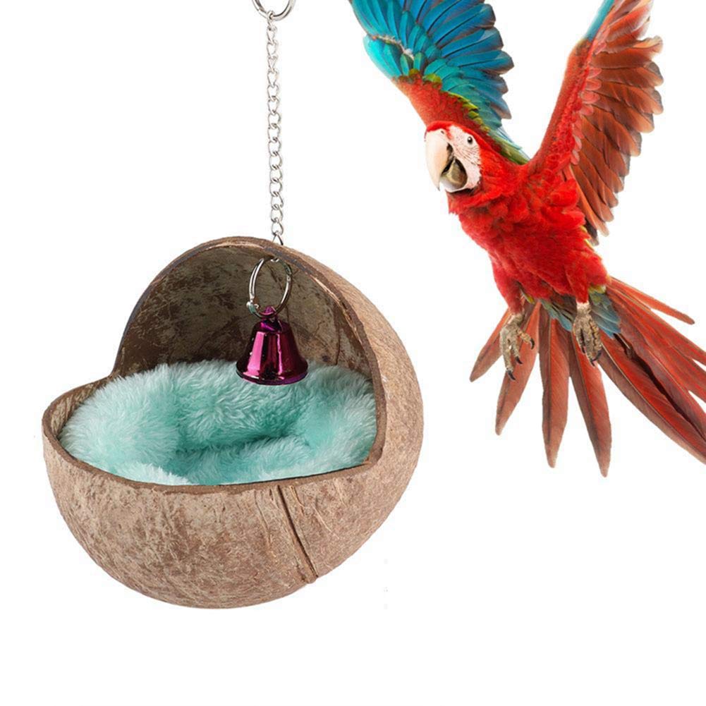 Natural Coconut Shell Bird Nest House Bed with Warm Pad for Parrot Parakeet Hamster Rat Mice Chinchilla Cage Toy Nesting Box