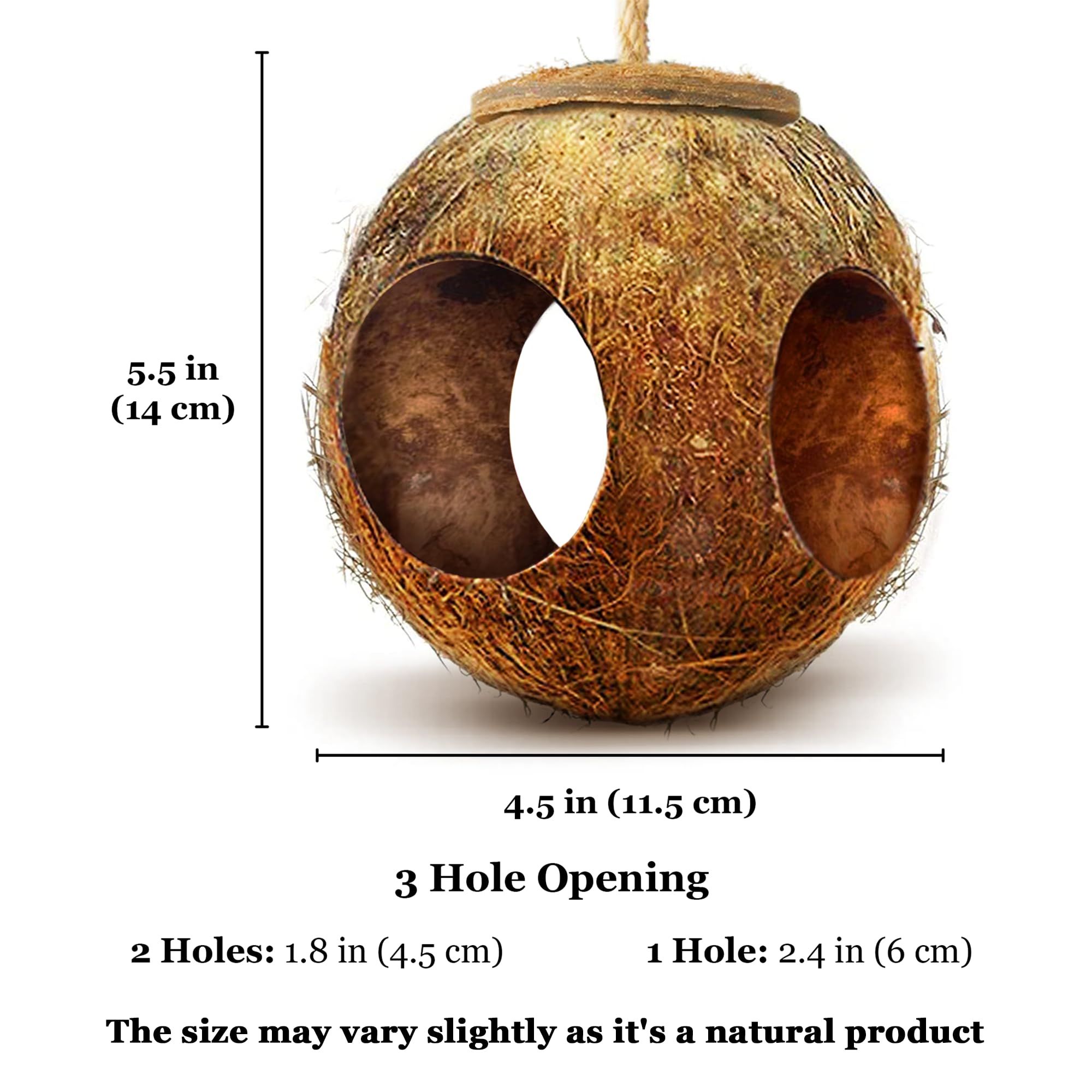 SunGrow Leopard Gecko Coco Hut, Gecko Climbing Accessories, Raw Coconut Shell Reptile Hide, Terrarium Habitat Décor, 2.5” Opening Diameter, with Fiber Loop for Hanging (3-Holes)