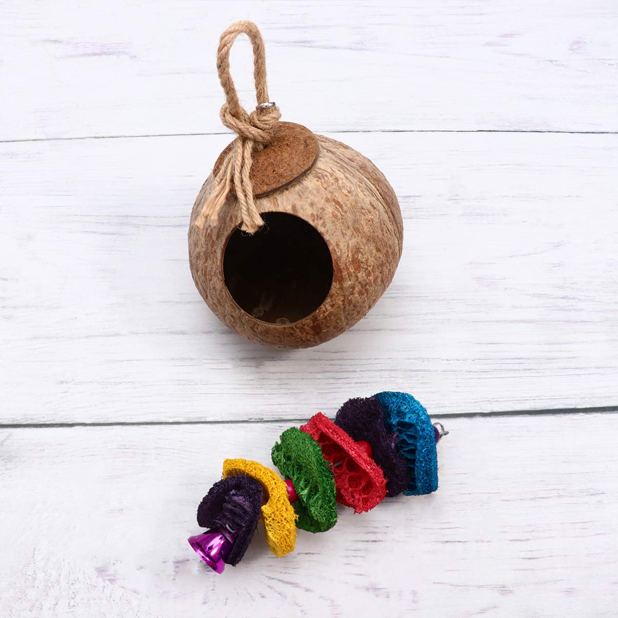 ULTECHNOVO 2pcs Coconut Shell Bird Nest Parakeet Toys for Cage Summer Toys Coconut Bird Toy Bird Toys Hanging Birds with Bells Parrot Shredder Toys Pet The Bird The Bell Wooden