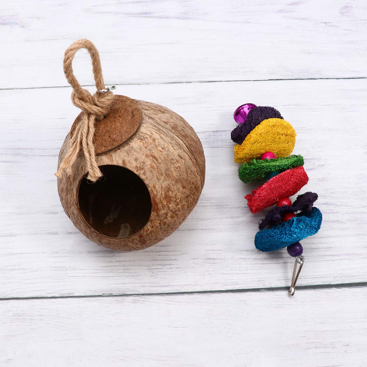 ULTECHNOVO 2pcs Coconut Shell Bird Nest Parakeet Toys for Cage Summer Toys Coconut Bird Toy Bird Toys Hanging Birds with Bells Parrot Shredder Toys Pet The Bird The Bell Wooden