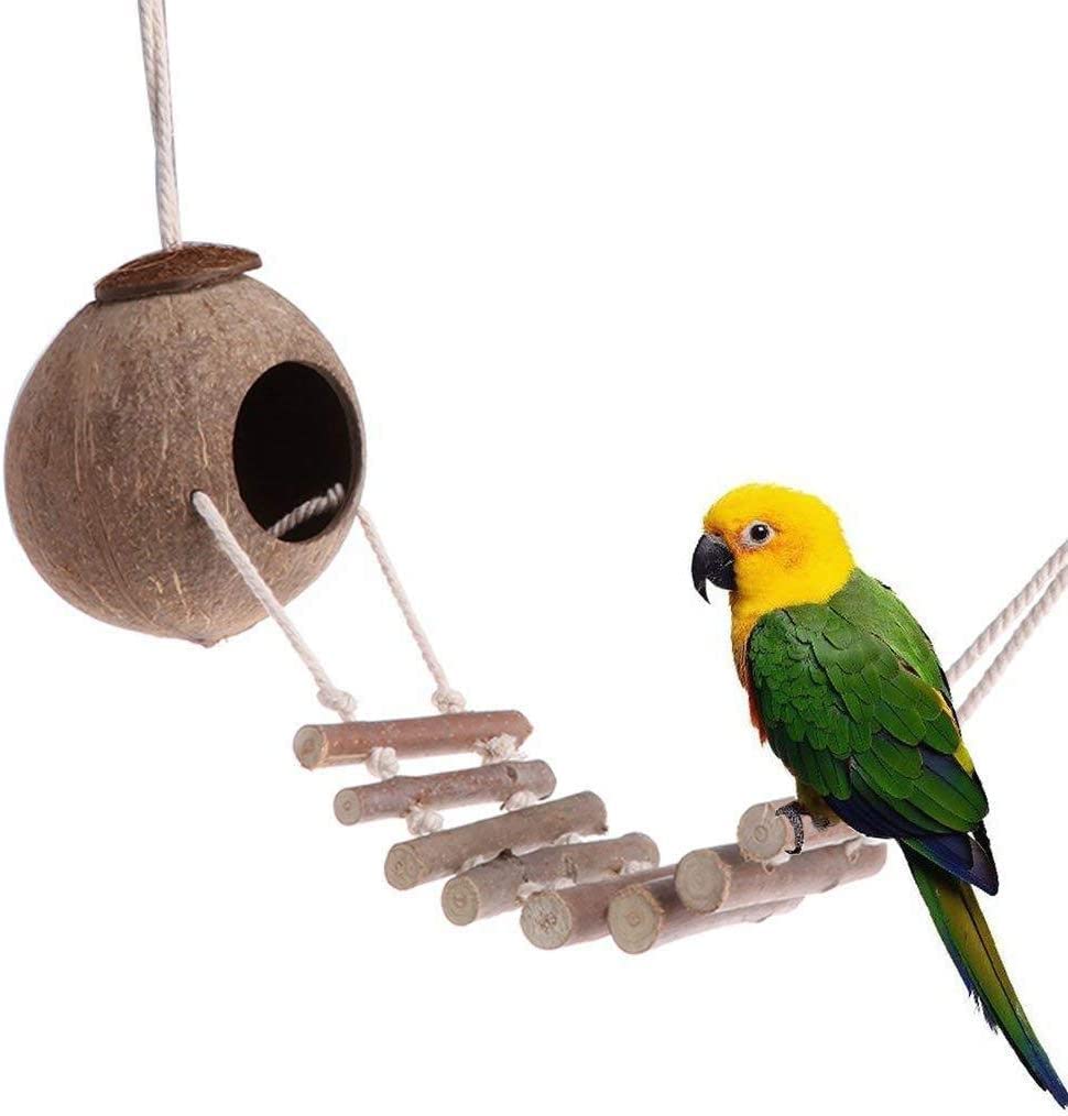 Natural Coconut Shell with Wood Ladder Bird Breeding Nest Bed Perch Swing Toy for Parrot Budgie Parakeet Cockatiel Conure Lovebird Canary Finch Small Parrot Hamster Rat Chinchilla Cage