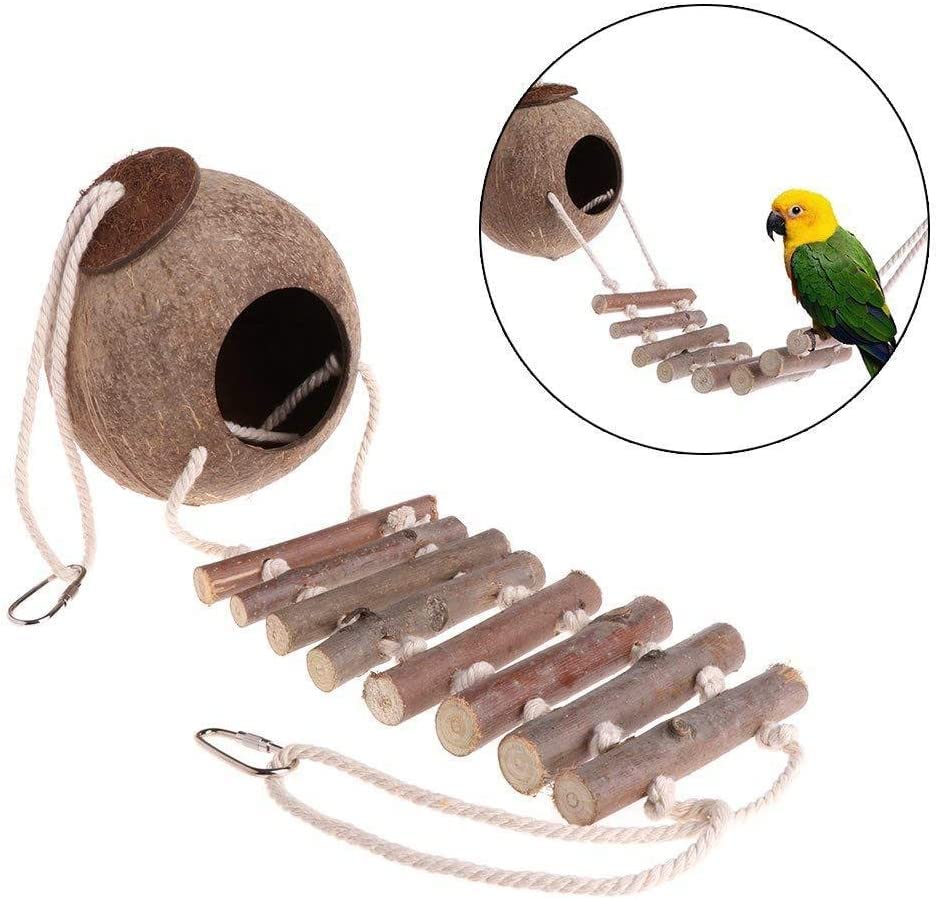 Natural Coconut Shell with Wood Ladder Bird Breeding Nest Bed Perch Swing Toy for Parrot Budgie Parakeet Cockatiel Conure Lovebird Canary Finch Small Parrot Hamster Rat Chinchilla Cage