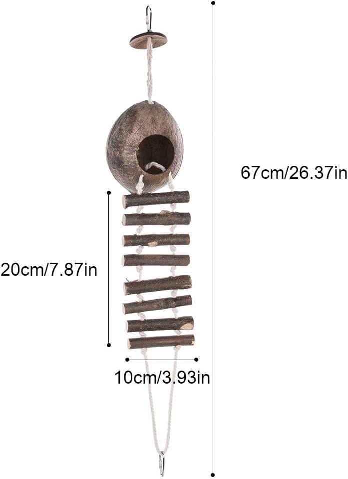 Natural Coconut Shell with Wood Ladder Bird Breeding Nest Bed Perch Swing Toy for Parrot Budgie Parakeet Cockatiel Conure Lovebird Canary Finch Small Parrot Hamster Rat Chinchilla Cage