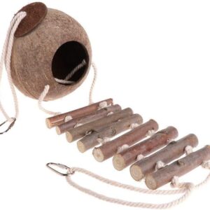 Natural Coconut Shell with Wood Ladder Bird Breeding Nest Bed Perch Swing Toy for Parrot Budgie Parakeet Cockatiel Conure Lovebird Canary Finch Small Parrot Hamster Rat Chinchilla Cage