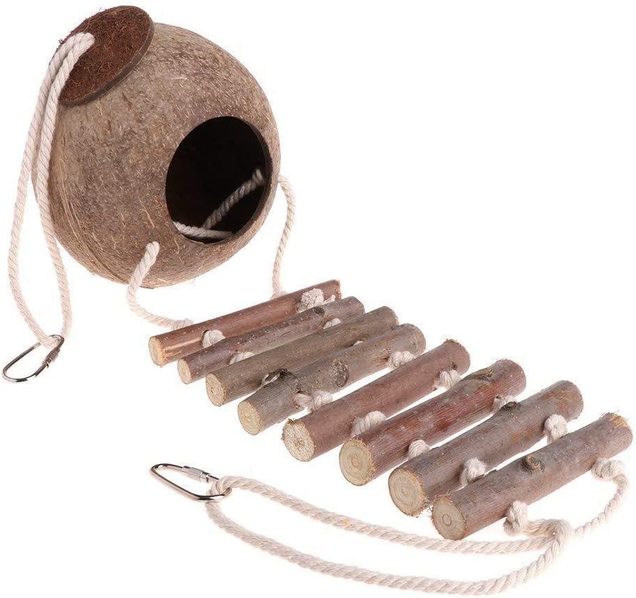 Natural Coconut Shell with Wood Ladder Bird Breeding Nest Bed Perch Swing Toy for Parrot Budgie Parakeet Cockatiel Conure Lovebird Canary Finch Small Parrot Hamster Rat Chinchilla Cage