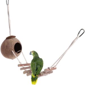 Natural Coconut Shell with Wood Ladder Bird Breeding Nest Bed Perch Swing Toy for Parrot Budgie Parakeet Cockatiel Conure Lovebird Canary Finch Small Parrot Hamster Rat Chinchilla Cage