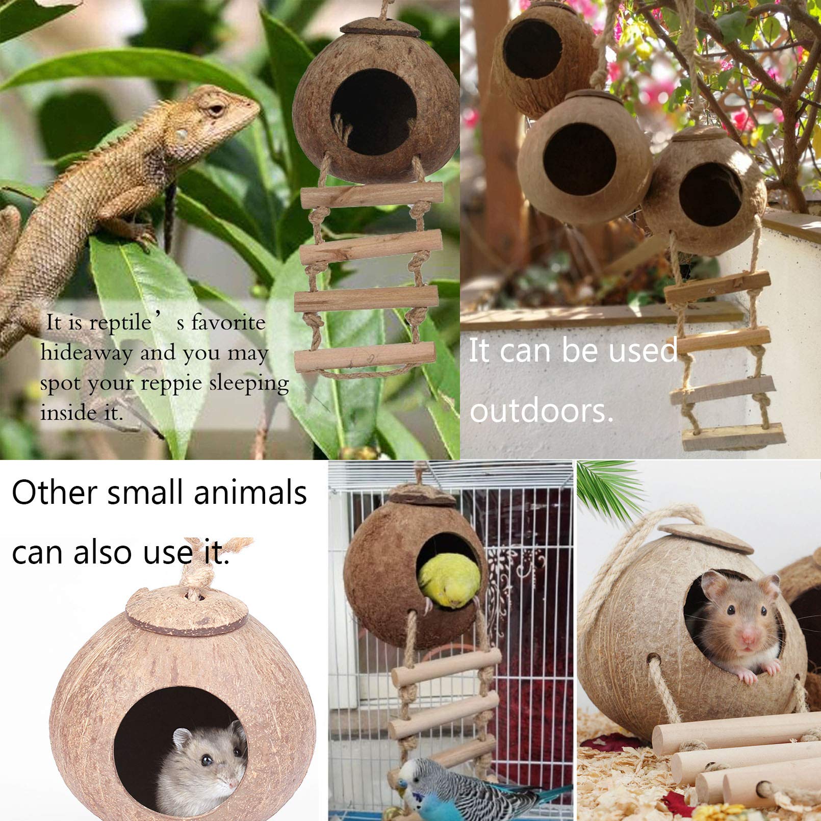 Gecko Coco Den Reptile Hideouts, Raw Coconut Husk Hut for Leopard Gecko, Sturdy Hanging Home, Climbing Porch, Hiding, Sleeping & Breeding Pad