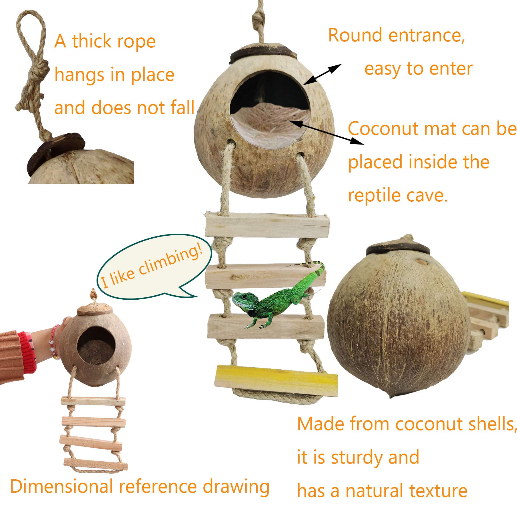 Gecko Coco Den Reptile Hideouts, Raw Coconut Husk Hut for Leopard Gecko, Sturdy Hanging Home, Climbing Porch, Hiding, Sleeping & Breeding Pad