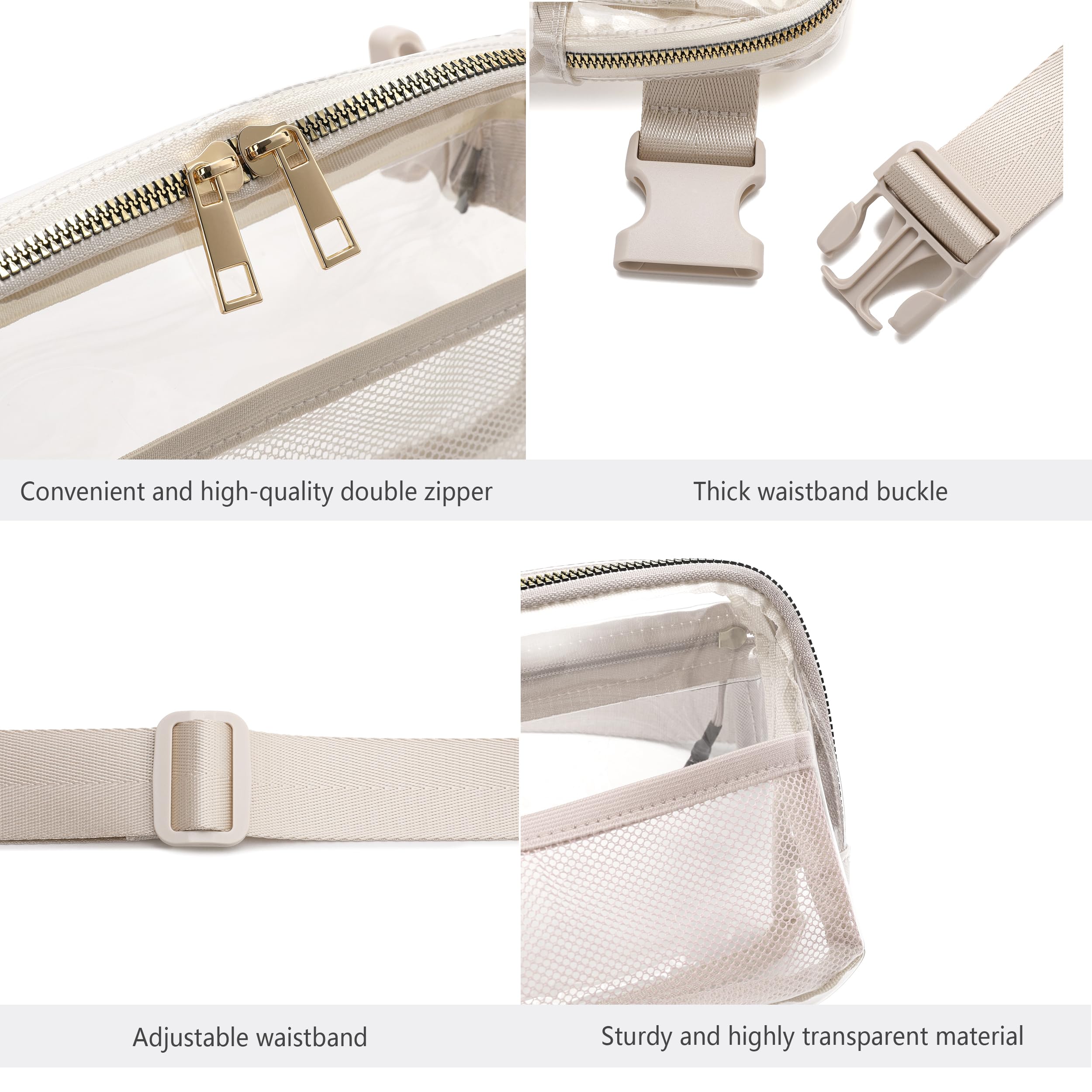 Clear Belt Bag Clear fanny pack stadium approved for Women Men with Adjustable Strap Clear Crossbody Bag Waist Bag for Concerts Sports Travelling Hiking Running (BEIGE)