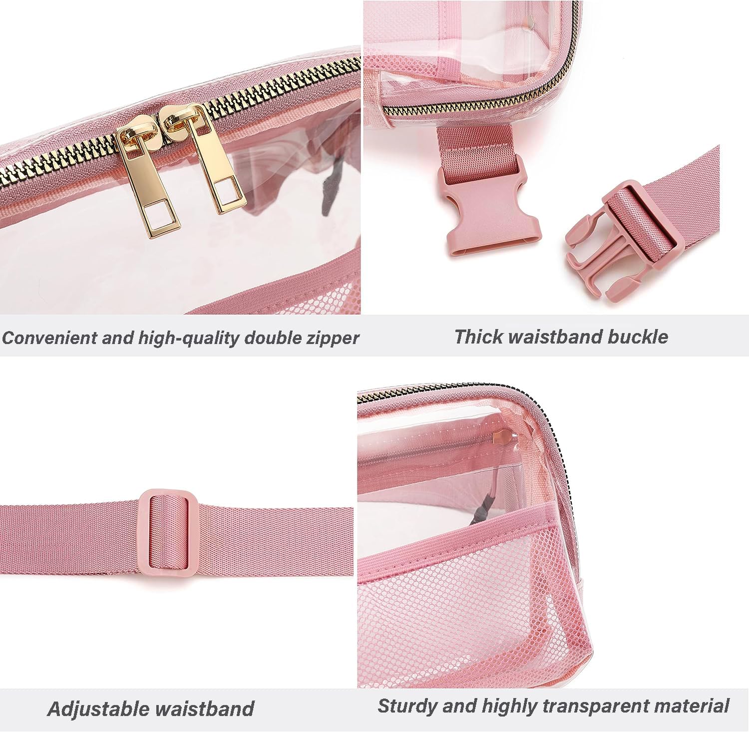 Stadium Approved Clear Water Proof Fanny Pack Waist Bag with Adjustable Strap, Festivals, Hiking, Concerts and Travel - Pink