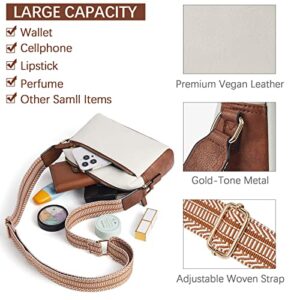 BOSTANTEN Small Crossbody Purse for Women Triple Zip Cell Phone Leather Shoulder Handbag with Wide Guitar Strap Beige with Brown