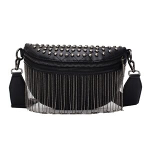 labanca women faux leather waist packs rivet studded zipper pocket shoulder purse rave festival fanny bag purse chest bag, black