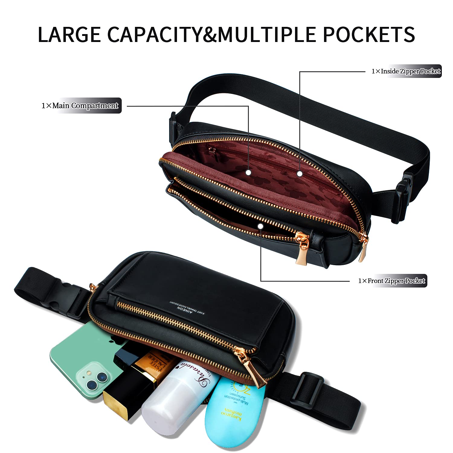 Fanny Packs for Women Fashion Leather Fanny Pack for Men Girls Boys, Plus Size Waist Pack Belt Bag with Adjustable Strap Waterproof Cute Bum Hip Bags for Travel Disney Hiking Running Cycling Shopping