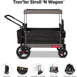 Radio Flyer Collapsible Folding Push and Pull Stroller Kids Wagon with Protective Canopy Cover and Travel Case for Ages 1 and Up, Black