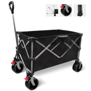 collapsible folding wagon, heavy duty utility beach wagon cart for sand with big wheels, adjustable handle&drink holders for shopping, camping,garden and outdoor (black)