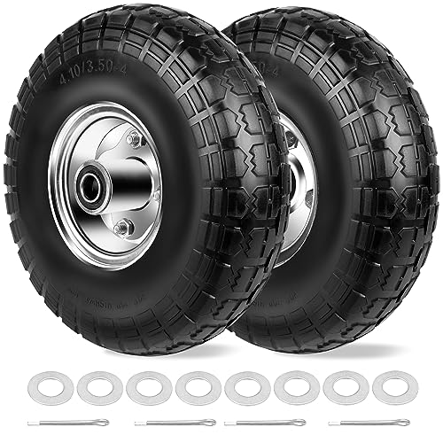 phepetroll 4.10/3.50-4 Tires and Wheels Flat Free 10 Inch Solid Tires Replacement with 5/8" Axle Bore Hole, 8 Spacers & 4 Pins, for Cart, Garden Wagon, Wheelbarrow, Hand Truck, Trolley, Lawn Mower, 2P