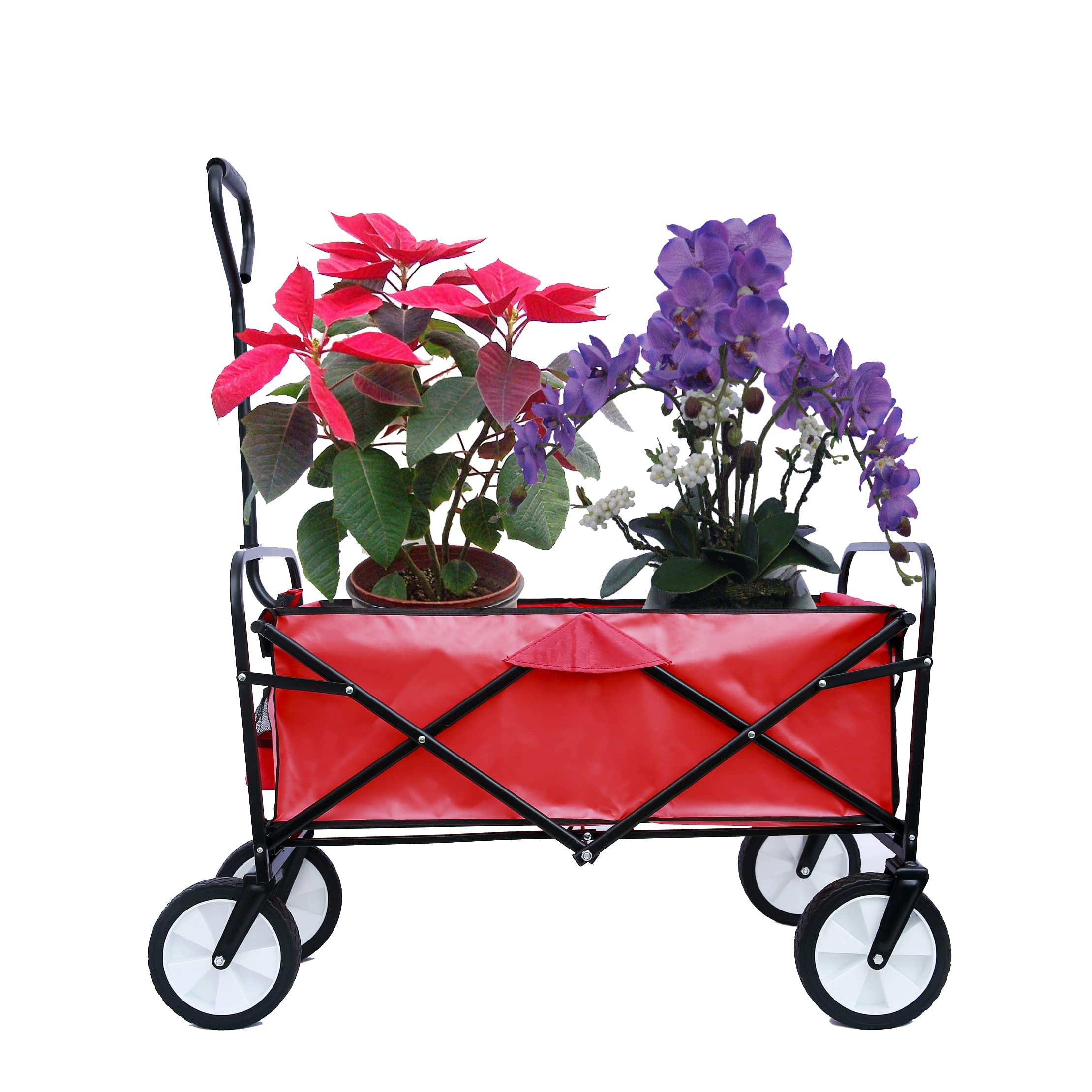 Canvas Wagon with Wheels Foldable, Collapsible Folding Wagon Utility Cart Foldable Heavy Duty All Terrain Wagon for Outdoor, Camping, Beach, Garden, Grocery (Red)