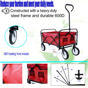 Canvas Wagon with Wheels Foldable, Collapsible Folding Wagon Utility Cart Foldable Heavy Duty All Terrain Wagon for Outdoor, Camping, Beach, Garden, Grocery (Red)