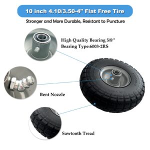 2-Pack of 4.10/3.50-4" Wheels Diameter 10" Flat Free Solid PU Tire,Steel Rim with 6003-2RS 5/8" Ball Bearing and 2.25" Offset Hub,for Hand Truck,Wheelbarrow,Utility Wagon,All Purpose Utility Tire.