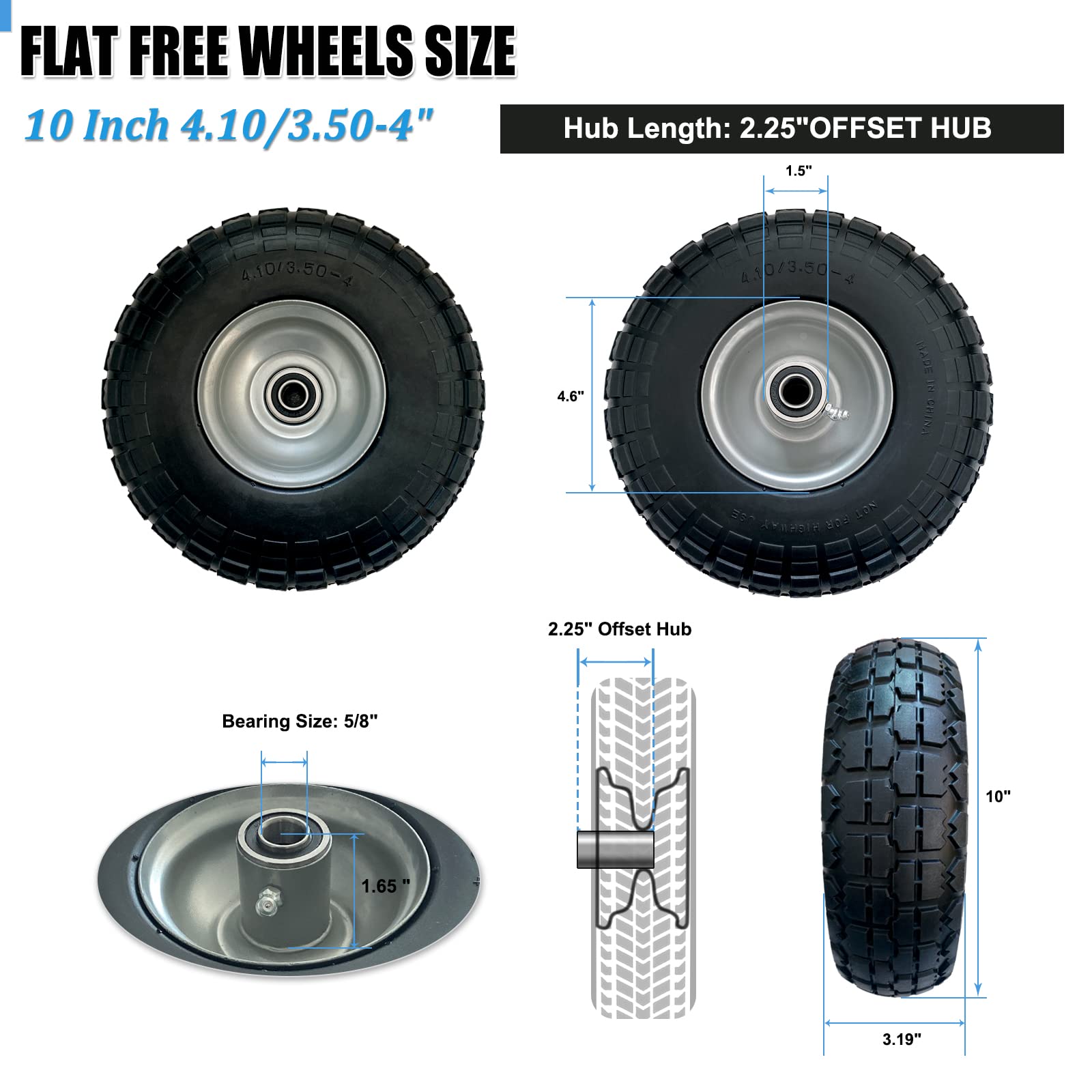 2-Pack of 4.10/3.50-4" Wheels Diameter 10" Flat Free Solid PU Tire,Steel Rim with 6003-2RS 5/8" Ball Bearing and 2.25" Offset Hub,for Hand Truck,Wheelbarrow,Utility Wagon,All Purpose Utility Tire.