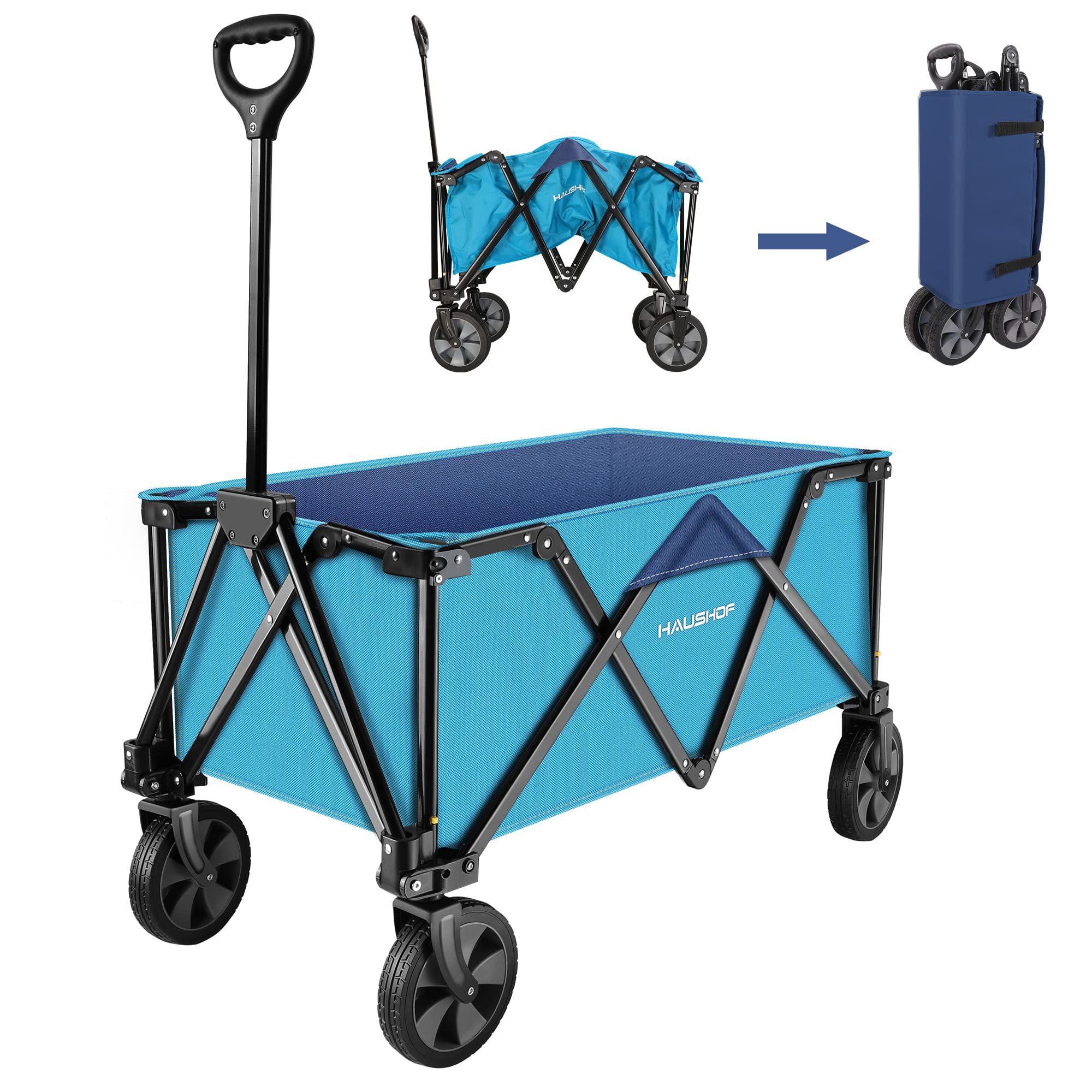 HAUSHOF Heavy Duty Collapsible Wagon, Folding Outdoor Utility Wagon, Camping Garden Beach Cart with Universal Quick Release Wheels, Adjustable Handle, 176 lbs Load Capacity, Blue