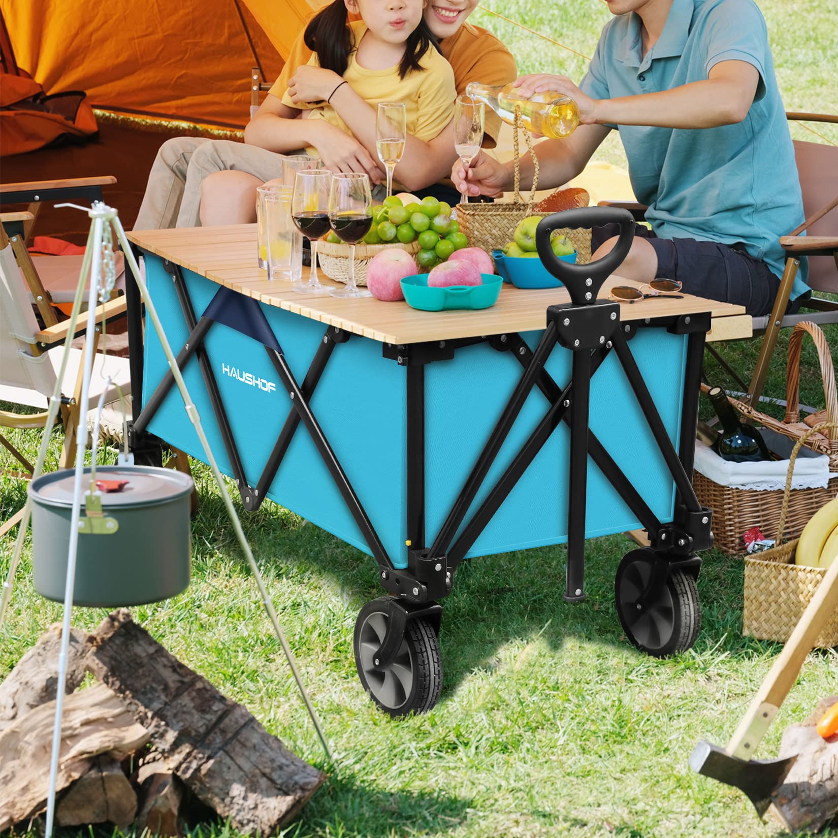 HAUSHOF Heavy Duty Collapsible Wagon, Folding Outdoor Utility Wagon, Camping Garden Beach Cart with Universal Quick Release Wheels, Adjustable Handle, 176 lbs Load Capacity, Blue