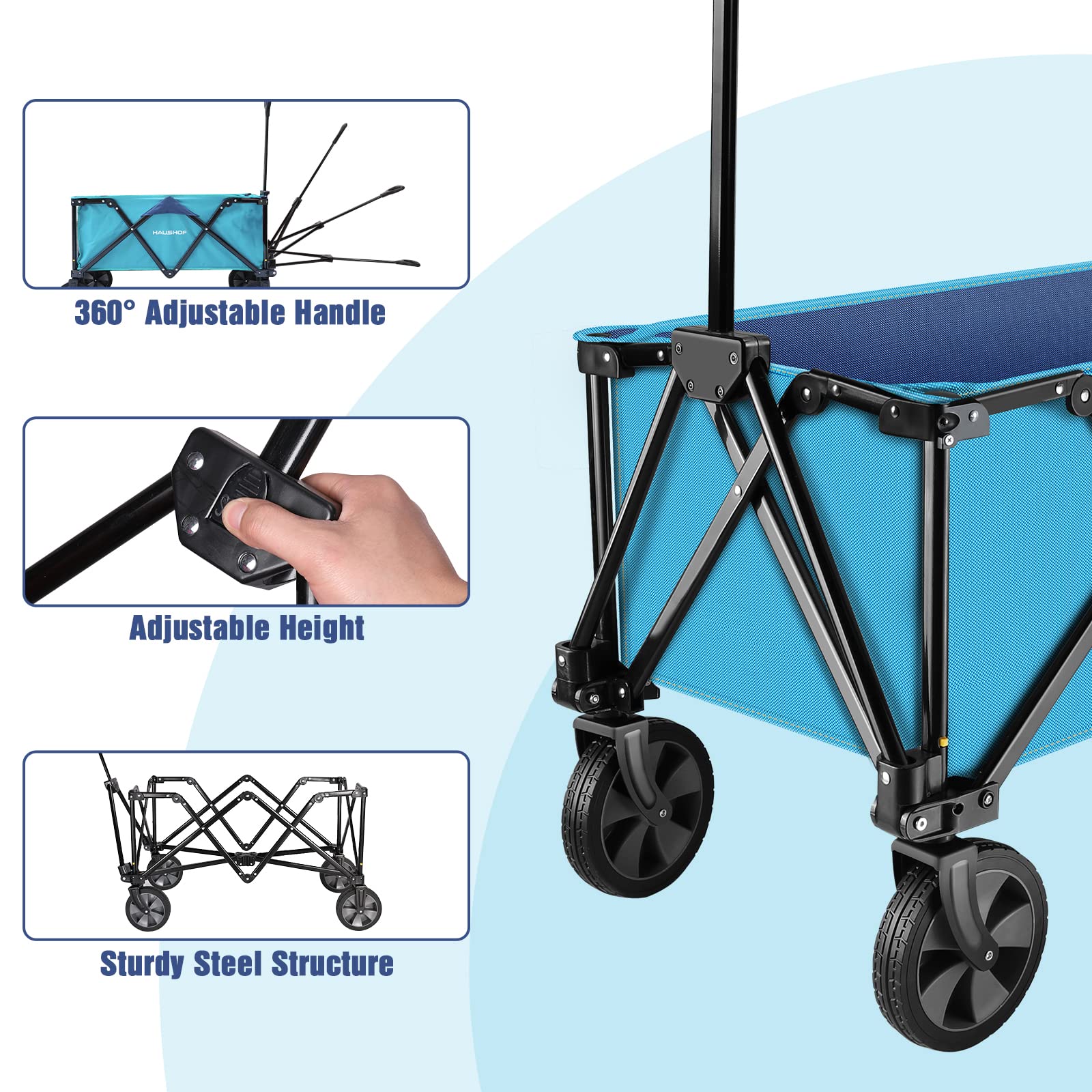 HAUSHOF Heavy Duty Collapsible Wagon, Folding Outdoor Utility Wagon, Camping Garden Beach Cart with Universal Quick Release Wheels, Adjustable Handle, 176 lbs Load Capacity, Blue