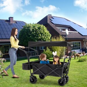 Stroller Wagons for 2 Kids, Collapsible Wagon with Seat Belt and Canopy, Kids Wagon Beach Cart with Big Wheels for Sand, Folding Wagon for Shopping, Picnic, Camping, Garden (Stroller Wagon)