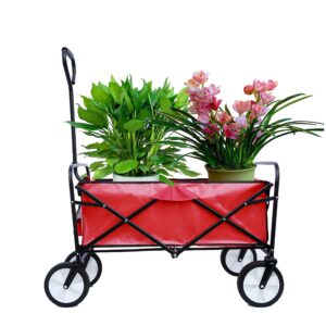 Collapsible Folding Wagon, Heavy Duty Utility Beach Wagon Cart with Side Pocket, Large Capacity Foldable Grocery Wagon for Garden Sports Outdoor Use (Red)