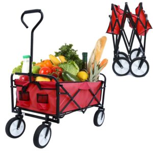 Collapsible Folding Wagon, Heavy Duty Utility Beach Wagon Cart with Side Pocket, Large Capacity Foldable Grocery Wagon for Garden Sports Outdoor Use (Red)