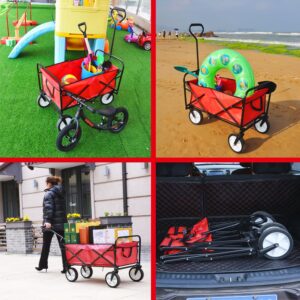 Collapsible Folding Wagon, Heavy Duty Utility Beach Wagon Cart with Side Pocket, Large Capacity Foldable Grocery Wagon for Garden Sports Outdoor Use (Red)