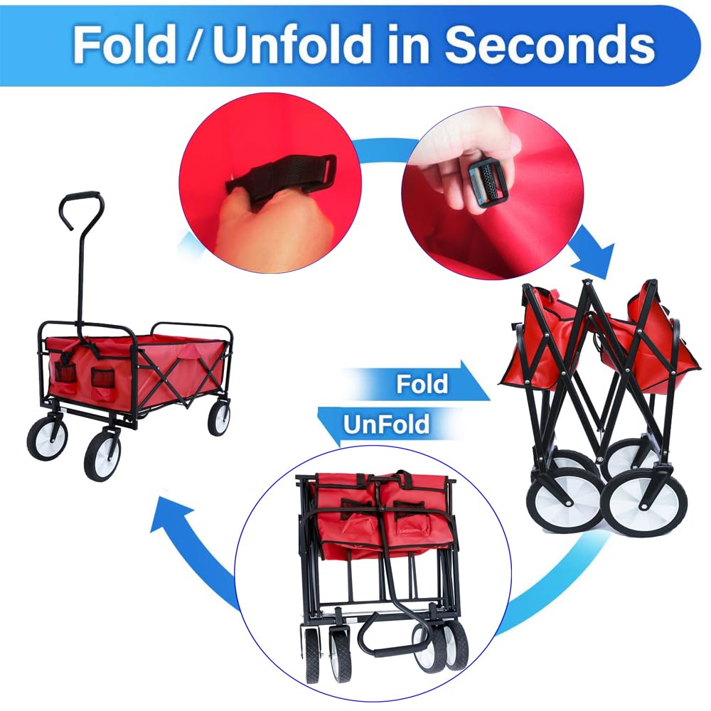 Collapsible Folding Wagon, Heavy Duty Utility Beach Wagon Cart with Side Pocket, Large Capacity Foldable Grocery Wagon for Garden Sports Outdoor Use (Red)