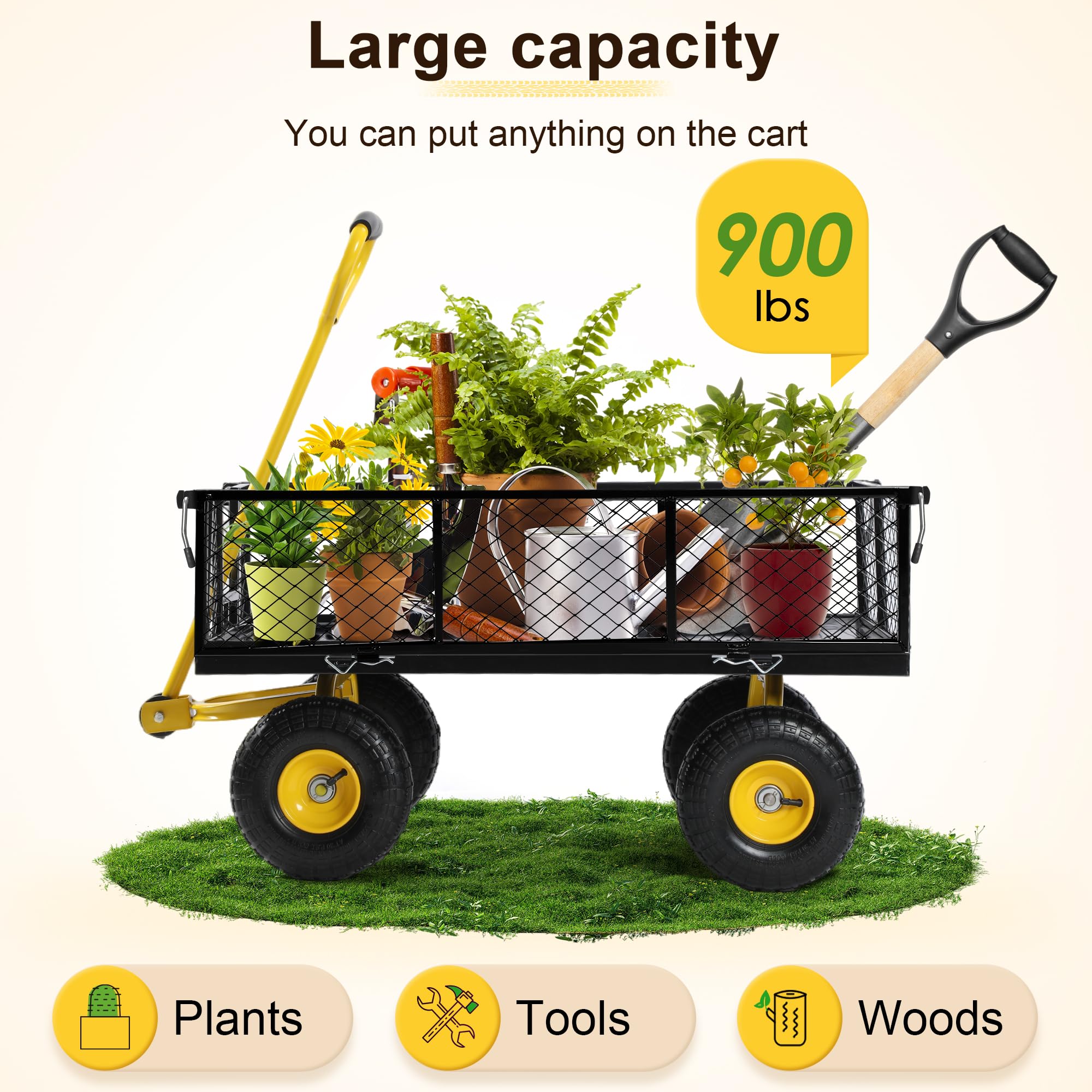 Rengue Heavy Duty Garden Cart, 900 lbs Large Capacity Steel Garden Cart, Utility Wagon Cart with Removable Sides and Rotating Handle, Outdoor Utility Wagon Suitable for Garden, Farm, Yard