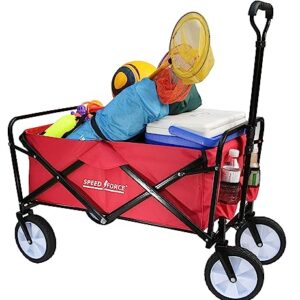 SPEEDFORCE Collapsible Folding Wagon, Utility Beach Wagon Cart, Side Pockets and Adjustable Handlebar, All Terrain Stroller Wagon for Outdoor Activities, Camping, Garden. Red