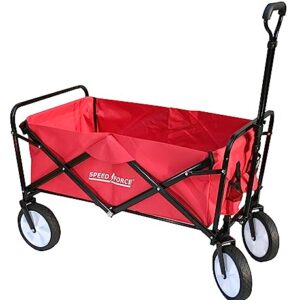 SPEEDFORCE Collapsible Folding Wagon, Utility Beach Wagon Cart, Side Pockets and Adjustable Handlebar, All Terrain Stroller Wagon for Outdoor Activities, Camping, Garden. Red