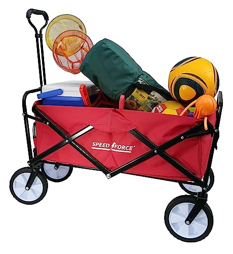 SPEEDFORCE Collapsible Folding Wagon, Utility Beach Wagon Cart, Side Pockets and Adjustable Handlebar, All Terrain Stroller Wagon for Outdoor Activities, Camping, Garden. Red